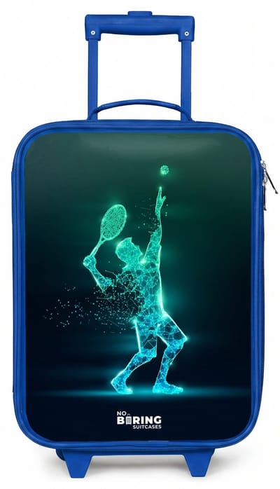 NoBoringSuitcases.com® - Kinderkoffer blauw - Kindertrolley jongen - Digitale tennisspeler in futuristische stijl - Koffer kind lichtgewicht - Reiskoffer trolley voor kinderen - Koffertje met lichtgevende wieltjes - Rolkoffer