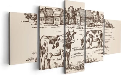 Artaza Canvas Schilderij Vijfluik Getekende Koeien Op Een Boerderij - Abstract - 100x50 - Foto Op Canvas - Canvas Print