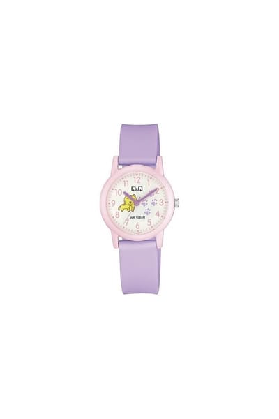 Q&Q V23A-012VY - Horloge - Sport - Analoog - Kinderen - Unisex - Plastic band - Rond - Kunststof - Cijfers - Kat - Roze - Paars - Wit - 10 ATM