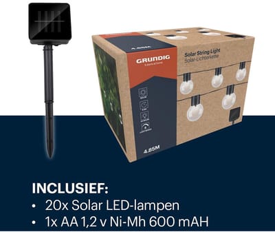 Grundig Solar Lichtsnoer 4,85 m - Tuinverlichting LED Buiten op Zonne-Energie - Garden Lights met Automatische Dag/Nacht Sensor - Cool White