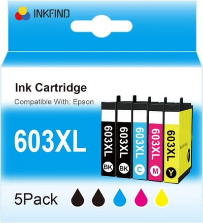INKFIND 603XL inkt voor Epson 603 Epson603 Epson 603XL Epson603XL inktcartridge multipack van 5 stuk (2*Zwart, 1*C/M/Y) voor Epson Expression Home XP-2105, XP-3100, XP-3105, XP-4100, XP-4105, Epson Workforce WF-2830DWF, WF-2835DWF, WF-2850DWF