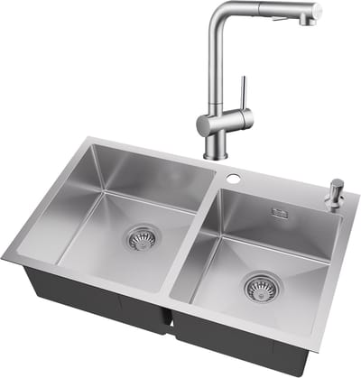 Auralum max Dubbele spoelbak voor keuken 75x45cm - Spoelbak Keuken Met Keukenkraan met Uittrekbare Uitloop - Roestvrij staal- Wasbak met waterafvoersysteem - Met zeepdispenser 300ml