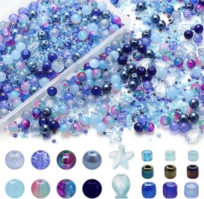 Glazen kralen voor het maken van armbanden, kleurrijke kristallen kralen voor het maken van sieraden, set, afstandhouder, 8 mm, verschillende kralen, oceaan, zeesterkralen en rocailles(blauw)