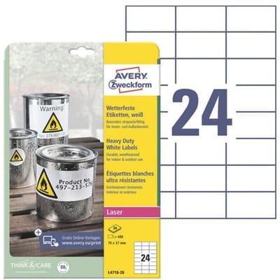 Avery-Zweckform L4718-20 Folie-etiketten 70 x 37 mm Polyester folie Wit 480 stuk(s) Permanent hechtend Laser (kleur), Laser (zwart/wit), Kopiëren