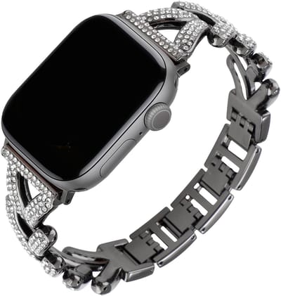 Stravo Luxe Dames Horlogebandje met Strass – RVS Schakelband – Geschikt voor Apple Watch 42mm (Series 11/10), 41mm (Series 9/8/7), 40mm (Series 6/5/4, SE 3/2/1), 38mm (Series 3/2/1) – Metalen Bandje – Zwart