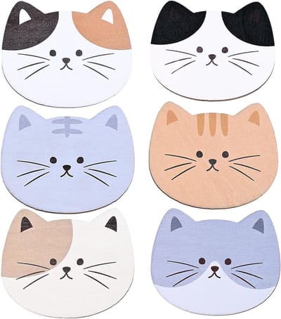 Set van 6 houten onderzetters met kattengezicht, antislip en decoratief voor bureau, ideaal voor warme en koude dranken