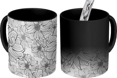 Magische Mok - Foto op Warmte Mokken - Koffiemok - Bloemen - Zwart - Wit - Design - Magic Mok - Beker - 350 ML - Theemok