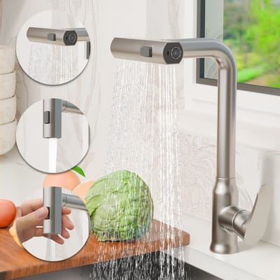 Intebiki keukenkraan met uittrekbare uitloop - 3 Waterstromen - 360° Draaibaar - Eenvoudig te Installeren - grijs - RVS