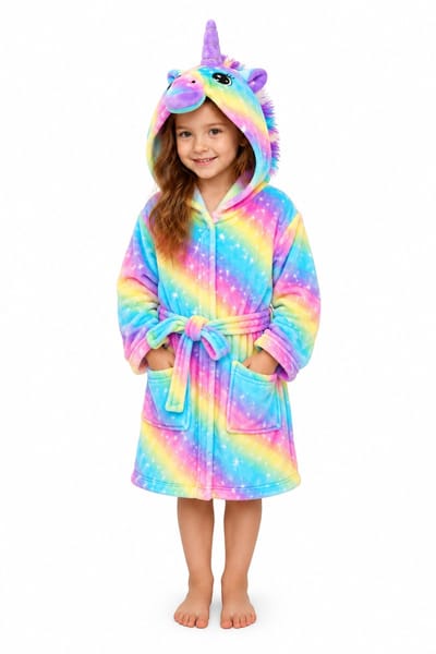 Meisjes Unicorn Badjas 92/98 – Zachte Kinderbadjas met Capuchon – Regenboog Ochtendjas Geel Blauw Roze