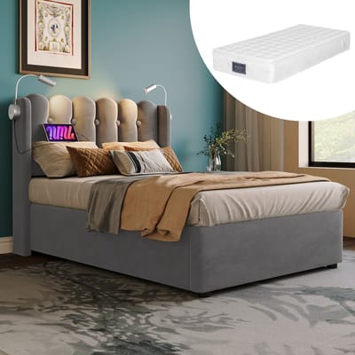 Wishdor Gestoffeerd Eenpersoonsbed 90x200 cm – Gasveer Opbergruimte – Met Leeslamp en USB – Inclusief Matras – Fluweel – Grijs