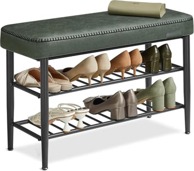FurnStar Schoenenbank – Zitbank – Entreebank met Opbergruimte – Kunstleer met Stiksels – Jaren ’60 Moderne Stijl – Tot 135 kg – 30 x 80 x 50 cm – Groen