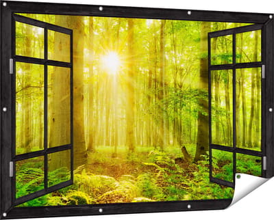 Gards Tuinposter Doorkijk Groen Bos met Schijnende Zonnestralen - 150x100 cm - Tuindoek - Tuindecoratie - Wanddecoratie buiten - Tuinschilderij