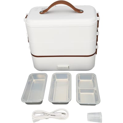 Elektrische Lunchbox Voedselverwarmer 3 Lagen 1,2L Capaciteit 304 Roestvrij Staal Lekvrij Verdeelde Verwarming L white
