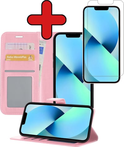 Hoesje - Met Screenprotector - Geschikt voor Apple iPhone 13 Mini - Luxe Pasjeshouder - Flipcase - Bookcase Portemonee - Flip Case - Kunstleer Book Case - Book Cover - Walletcase - Portemonneehoes - Telefoonhoes - Lichtroze