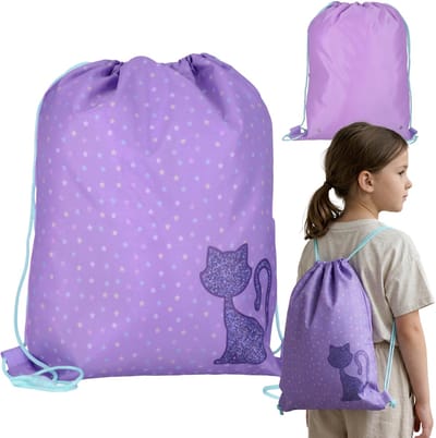 Paarse katje, Meisjes schoenenzak voor gymles, schoudertas voor kinderen, rugzak 38x33 cm