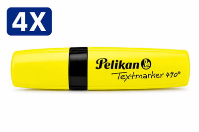 Pelikan 490 Markeerstift Geel - Set van 4 Stuks - Fluorescerende Highlighter Textmarker met Wigvormige Punt - Snel Drogend voor School Kantoor en Studie