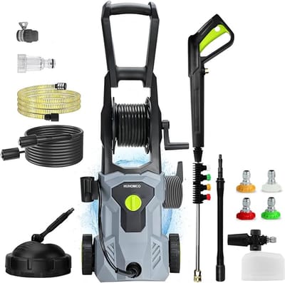 Hogedrukreiniger 180 bar – 2000 W, 450 L/u – 11 m Slang met Haspel – 4 Sproeiers, Terrasreiniger & Schuimlans – 86 cm Verhoogd Design