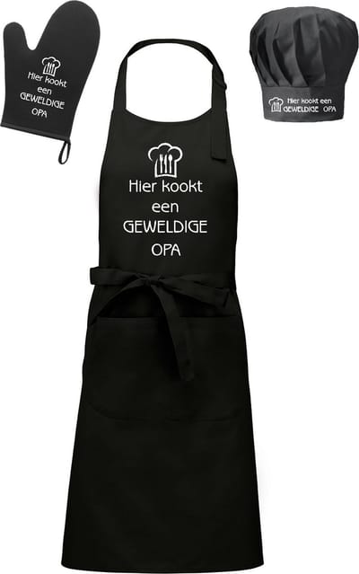mijncadeautje - Cadeauset "Brasserie" - 3 delig - Schort + Ovenwant + Koksmuts - Geweldige Opa - zwart