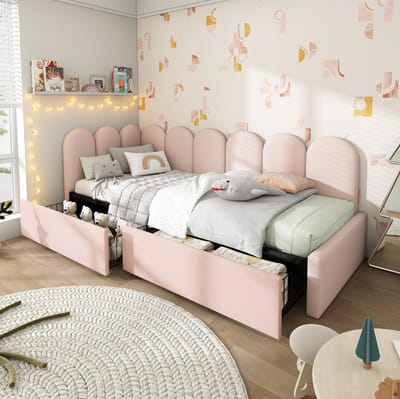 MEUNIQ bedbank 90x200 cm met 2 opberglades, lattenbodem en fluwelen bekleding, daybed voor slaapkamer of logeerkamer, roze