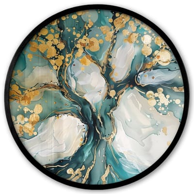 Poster in lijst Rond - Fotolijst 40x40 cm - Posters - Boom - Modern - Verflook - Turquoise - Goud - Ronde posterlijst zwart - Decoratie - Wanddecoratie woonkamer - Muurdecoratie slaapkamer