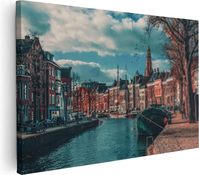 Artaza Canvas Schilderij Stad - 30x20 cm - Klein - Wanddecoratie Groningen - Muurdecoratie Boot - Kamer Accessoires