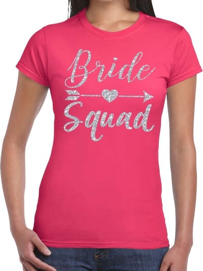Vrijgezellenfeest Bride Squad Cupido zilver glitter tekst t shirt roze dames - Vrijgezellenfeest kleding XS