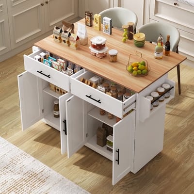 Serveerwagen met opklapbaar tafelblad, 120x46(70)x91 cm, Wit, met wieltjes en verwisselbare houten poten, ideaal voor keuken en eetkamer