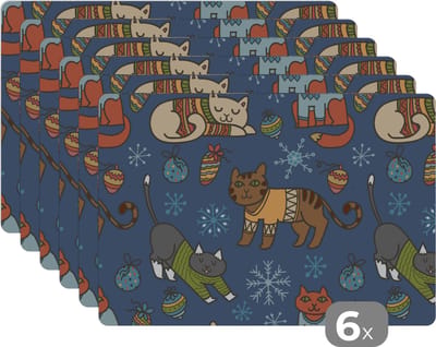 Placemat - Placemats kunststof - Kat - Dieren - Kerst - Patroon - 45x30 cm - 6 stuks - Hittebestendig - Anti-Slip - Onderlegger - Afneembaar
