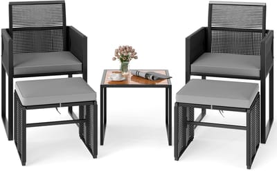 COSTWAY 5-delige rotan tuinmeubelset, balkonmeubel, balkonset incl. 2 stoelen met kussens, kruk en tafel, terrasmeubels, ruimtebesparende tuinset met inklapbare rugleuning, zitgroep voor balkon