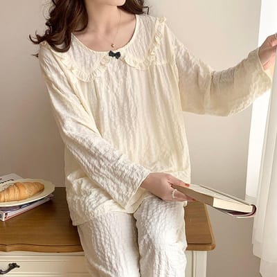 Pyjama Set Lange Mouw Dames Herfst Lente Bloemenprint Dun Kawaii Dames 2-Delige Kimono Pyjama XXL white