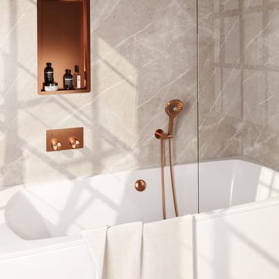 Brauer Copper Carving Thermostatische Inbouw Badkraan Drukknoppen - Badvulcombinatie - 3 stand - Doucheslang - Wandaansluitbocht - Handdouche - Koper Geborsteld Pvd