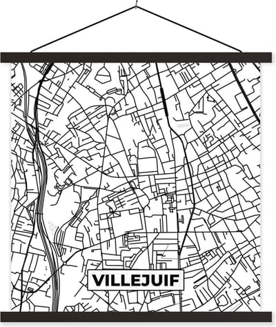 Posterhanger incl. Poster 60x60 cm - Schoolplaat - Stadskaart - Villejuif - Plattegrond - Kaart - Frankrijk - Zwart wit - Textielposter - Zwarte latten - Stadskaart