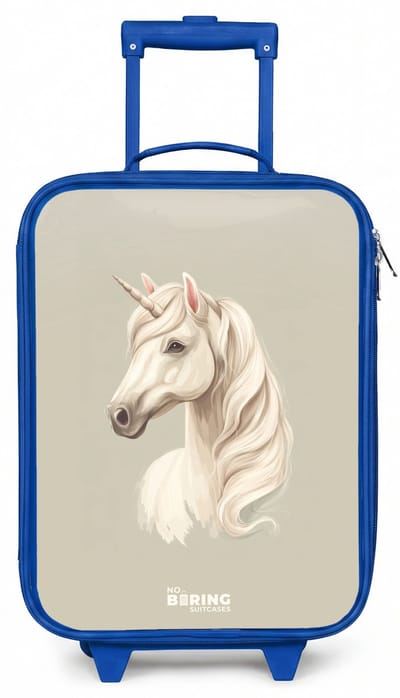 NoBoringSuitcases.com® - Kinderkoffer blauw - Kindertrolley jongen - Eenhoorn in neutrale kleuren - Koffer kind lichtgewicht - Reiskoffer trolley voor kinderen - Koffertje met lichtgevende wieltjes - Rolkoffer