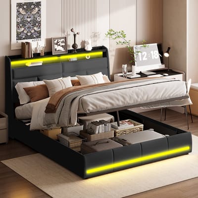 Tweepersoonsbed 140x200 cm – Gestoffeerd Bed met LED, Hydraulische Opbergruimte, Inclusief Lattenbodem, Zwart PU