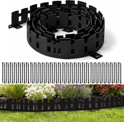 Flexibele kunststof gazonrand 10 m x 10 cm voor bloembedden, maaikanten en palissades met 60 bevestigingsnagels en handschoenen, zwart