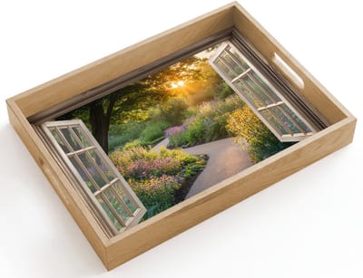 Dienblad hout 40x30 cm - Schootdienblad - Doorkijk - Bloemen - Natuur - Zon - Pad - Borrelplank rechthoek - Plateau dienbladen