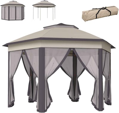 CORE Paviljoen 6-hoek - Tuintent - Overkapping - Partytent/feesttent - zeszijdig - Met dubbel dak 4x1.75mx2.85m - Lichtbruin