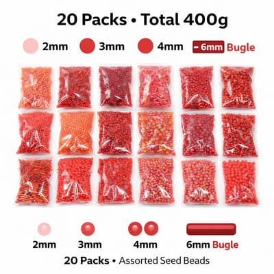 Rocailles Glazen kralen, Indiase zaadkralen, ponykralen, set van 2 mm, 3 mm, 4 mm, 6 mm, rood, gekleurde stiftkralen, 400 g, 20 stuks tube en ronde kralenset om te rijgen, mini-kralen (rood)