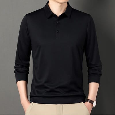 T-shirt met lange mouwen Lente en Herfst Nieuwe Papa Losse Top Middelbare leeftijd Mannen Revers Casual Effen Kleur Poloshirt XXXXL black