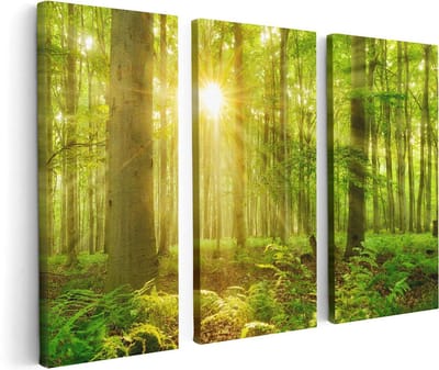 Artaza Canvas Schilderij Drieluik Groen Bos Met Schijnende Zonnestralen - 120x80 cm - Wanddecoratie Woonkamer - Schilderijen - Muurdecoratie