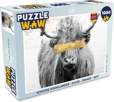 Puzzel Schotse hooglander - Goud - Zwart - Wit - Legpuzzel - Puzzel 1000 stukjes volwassenen