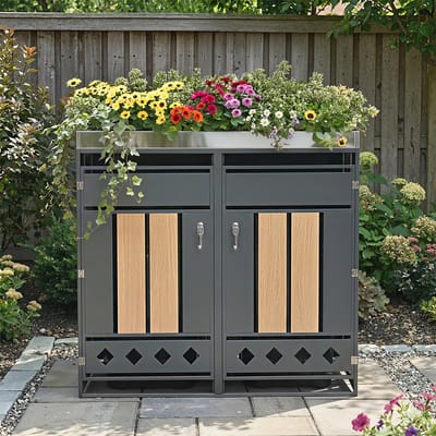 MODFU - Afvalbakombouw - Afsluitbaar - Twee Vakken - Met Geïntegreerde Plantenbak - Modern - Voor Buiten - Staal - Grijs Met Houtlook