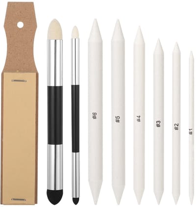 Dailygoods- Papierwissers 9-delig - Tekenmateriaal Professioneel - Mengsponspennen - Schuurpapier - Gummetjes - Kunstenaarsgereedschap