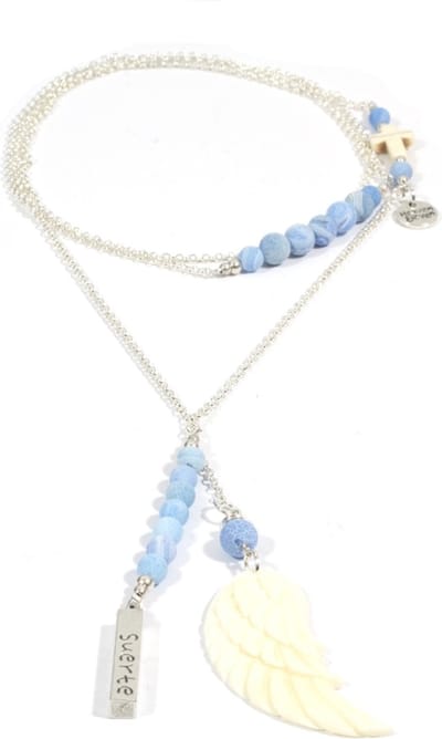 Heaven Eleven dames Ketting zilver plating - sky blauw kralen - wit hertegewei vleugel