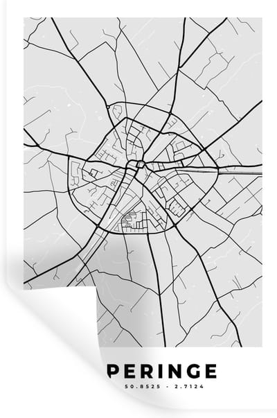 Muurstickers - Sticker Folie - België – Poperinge – Stadskaart – Kaart – Zwart Wit – Plattegrond - 20x30 cm - Plakfolie - Muurstickers Kinderkamer - Zelfklevend Behang - Zelfklevend behangpapier - Stickerfolie