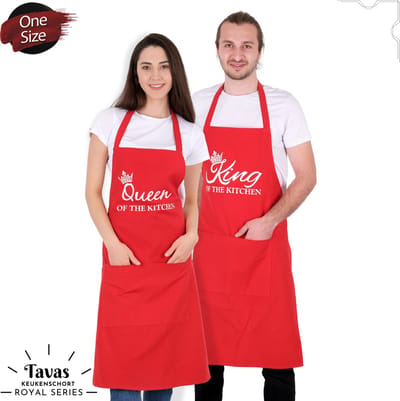 Set van 2 Rood | 65x95 cm | King & Queen of the Kitchen | 2 Keukenschorten | Kookschort met zakken | Keukenschort dames | Keukenschort voor vrouwen | Keukenschort voor mannen | cadeutje- met Cadeaubox | Kook- BBQ