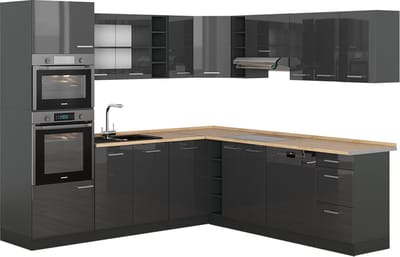 Vicco Hoekkeuken R-Line, Antraciet Hoogglans/Antraciet, 247 x 237 cm zonder werkblad
