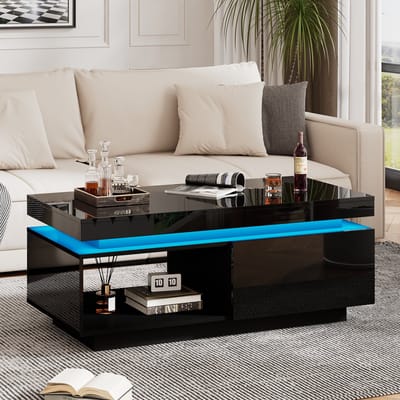 DESMIU Salontafel - Hoogglans Met Ledverlichting En Lade - Voor Woonkamer En Interieur - Spaanplaat - Zwart - 100 X 50 X 40,3 Cm