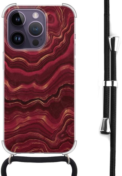 Hoesje met koord - Geschikt voor iPhone 14 Pro Max - Marmer rood agate - Verstelbaar zwart koord - Transparant - Marmer - Leuke Telefoonhoesjes