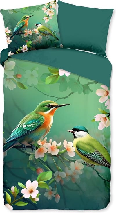 Pure dekbedovertrek bloemen en vogels - 1 persoons 140x200/220 cm - Groen - Microvezel